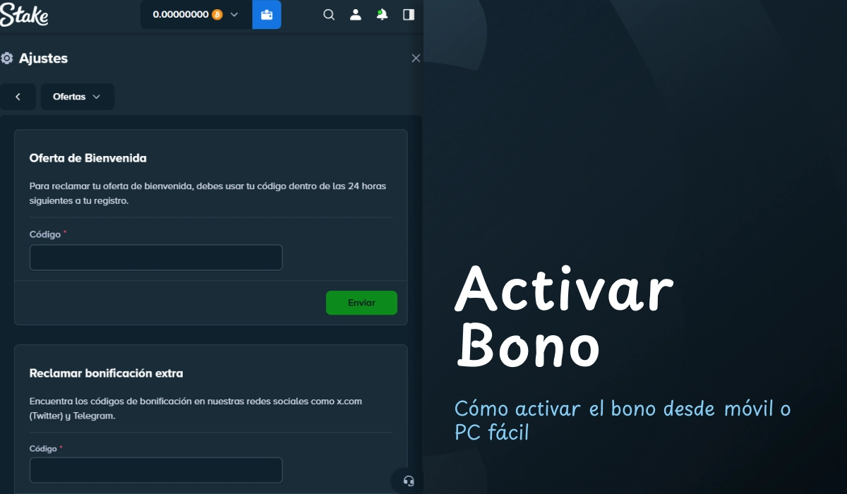 Interfaz de cuenta Stake mostrando el formulario para activar un bono
