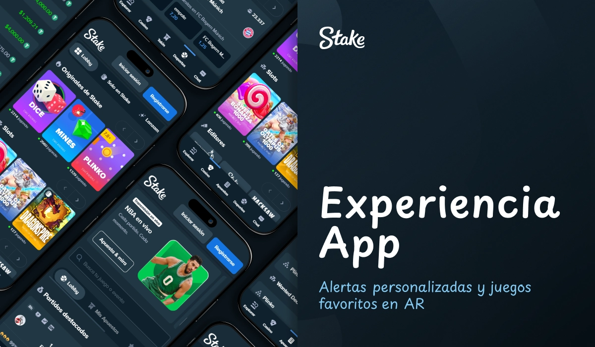 nterfaz de la app Stake mostrando juegos y secciones en móvil