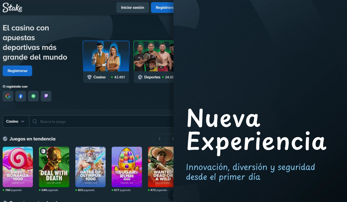 Interfaz principal de Stake con juegos de casino y apuestas destacadas