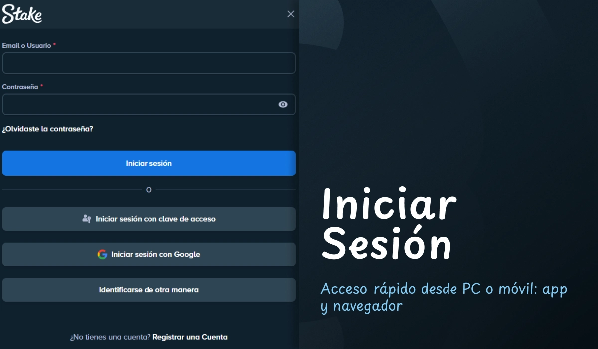 Pantalla de inicio de sesión de Stake en versión web