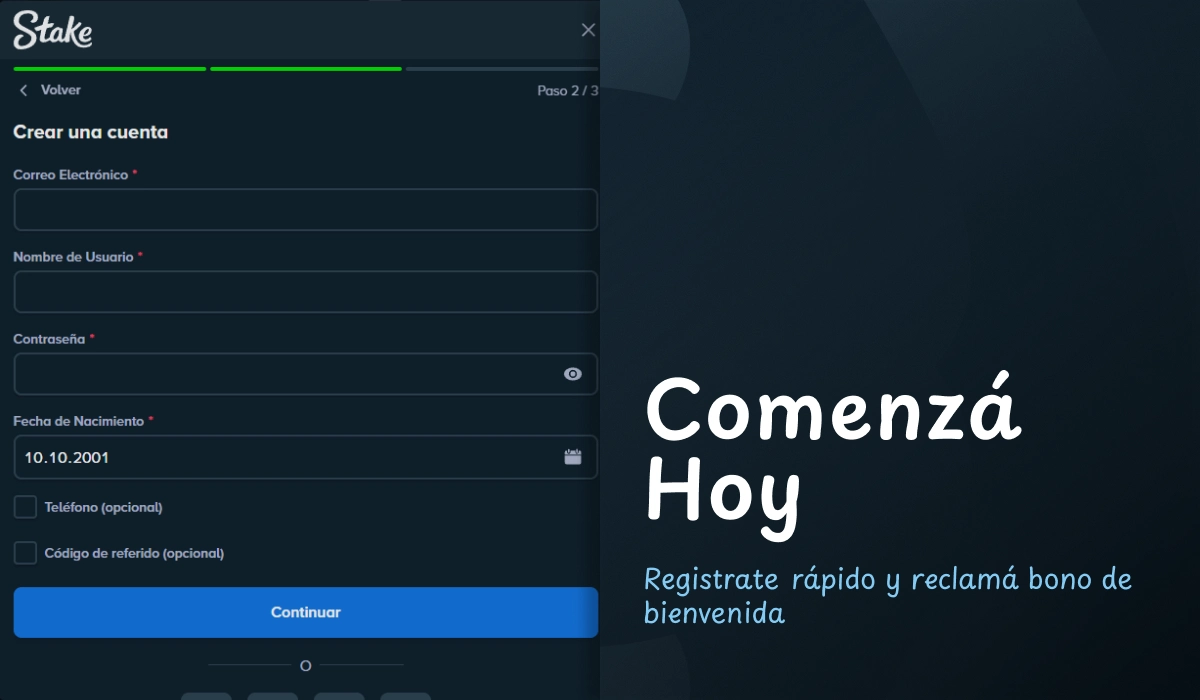 Formulario de registro en Stake para crear una cuenta nueva