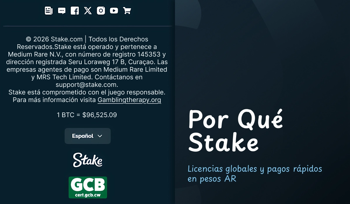 Pantalla de Stake mostrando ventajas y licencias para usuarios de Argentina