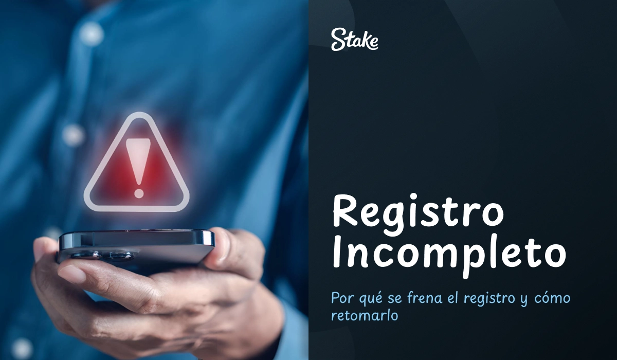 Persona usando el móvil con icono de advertencia de registro incompleto