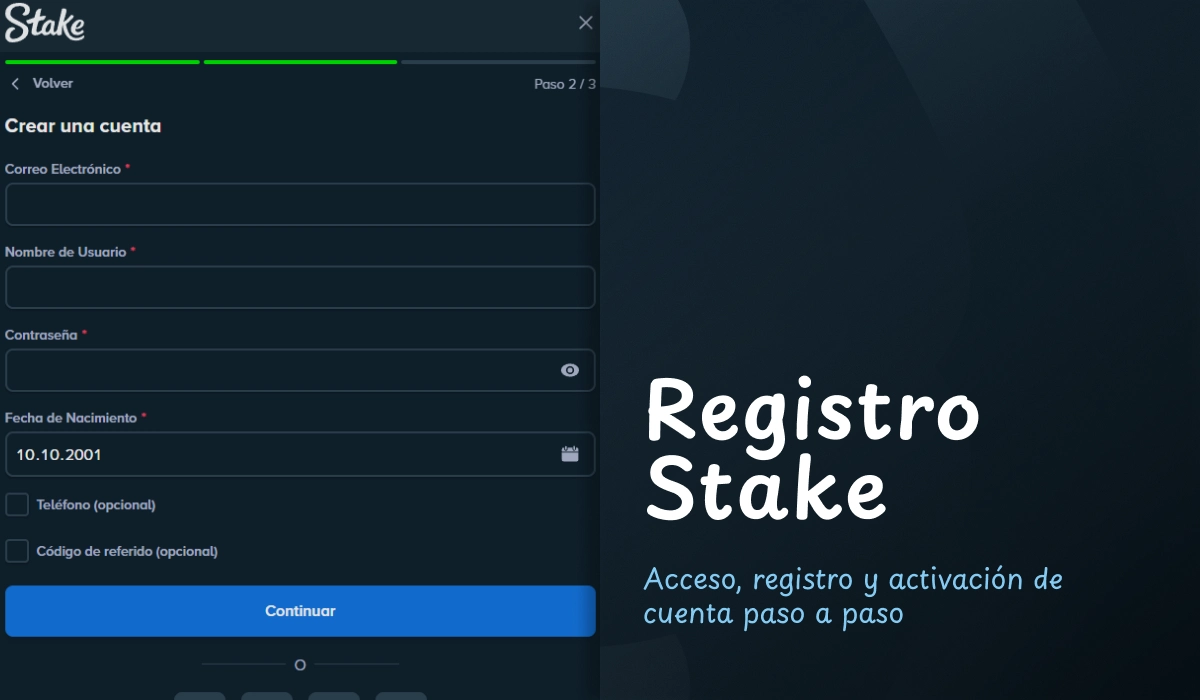 Formulario de registro de cuenta Stake en pantalla
