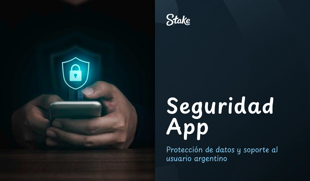 Mano sosteniendo un smartphone con icono de seguridad en la app Stake