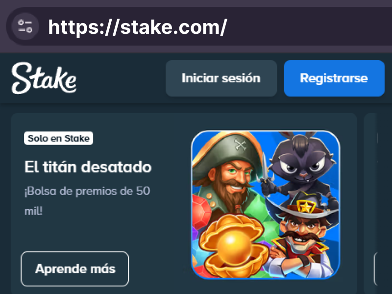 Página móvil de Stake (stake.com) con los botones “Iniciar sesión” y “Registrarse”.