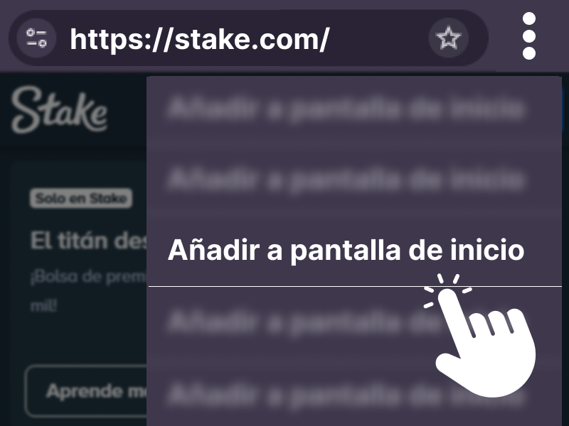 Opción “Añadir a pantalla de inicio” en el menú del navegador para guardar Stake como acceso directo.
