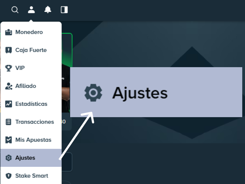 Menú lateral de Stake: selección de “Ajustes”