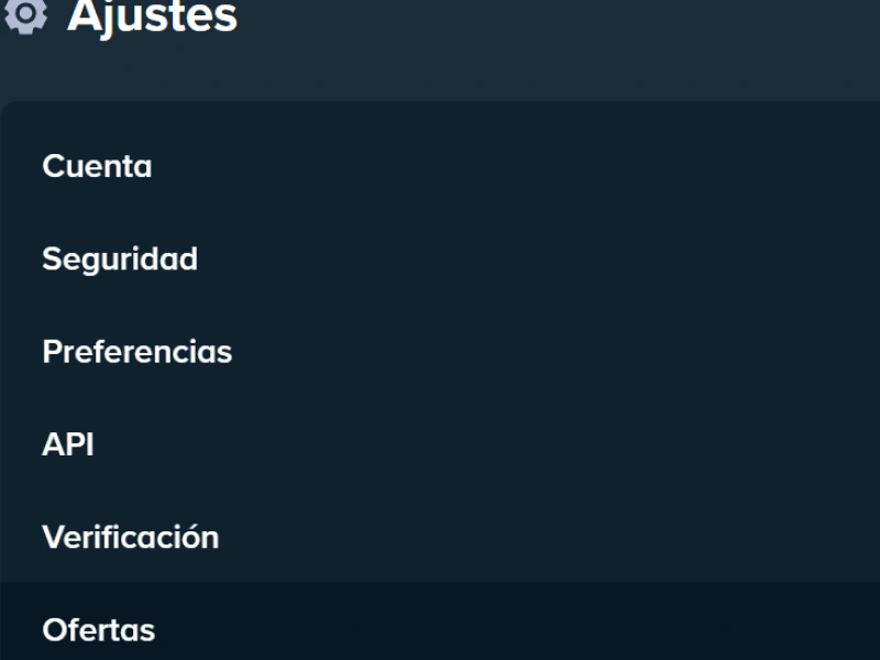 Sección “Ajustes” en Stake con opciones: Cuenta, Seguridad, Preferencias, API, Verificación y Ofertas.