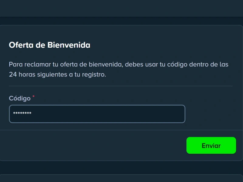 Oferta de Bienvenido en Stake: campo para ingresar el código y botón “Enviar”