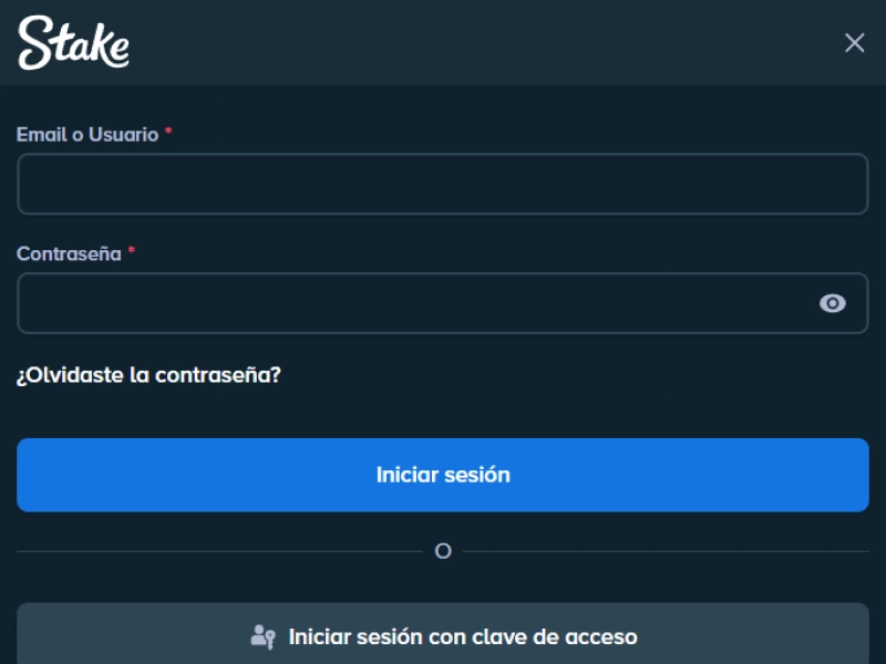 Formulario de inicio de sesión en Stake con campos de usuario y contraseña.