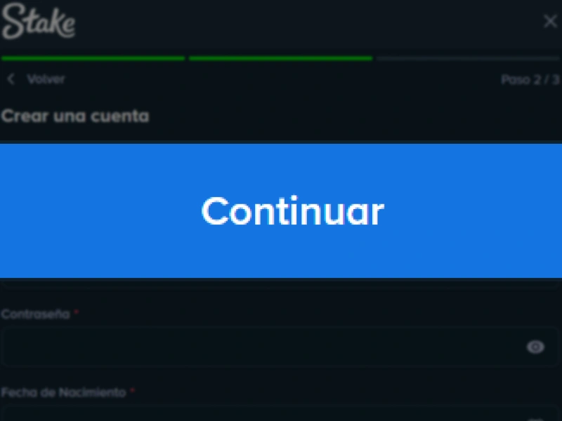 Botón “Continuar” en Stake para pasar al siguiente paso del registro.