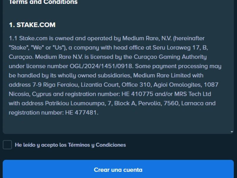 Términos y Condiciones en Stake: casilla de aceptación antes de crear la cuenta.