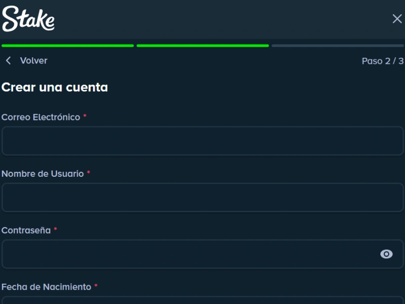 Formulario “Crear una cuenta” en Stake: campos básicos para registrarse.