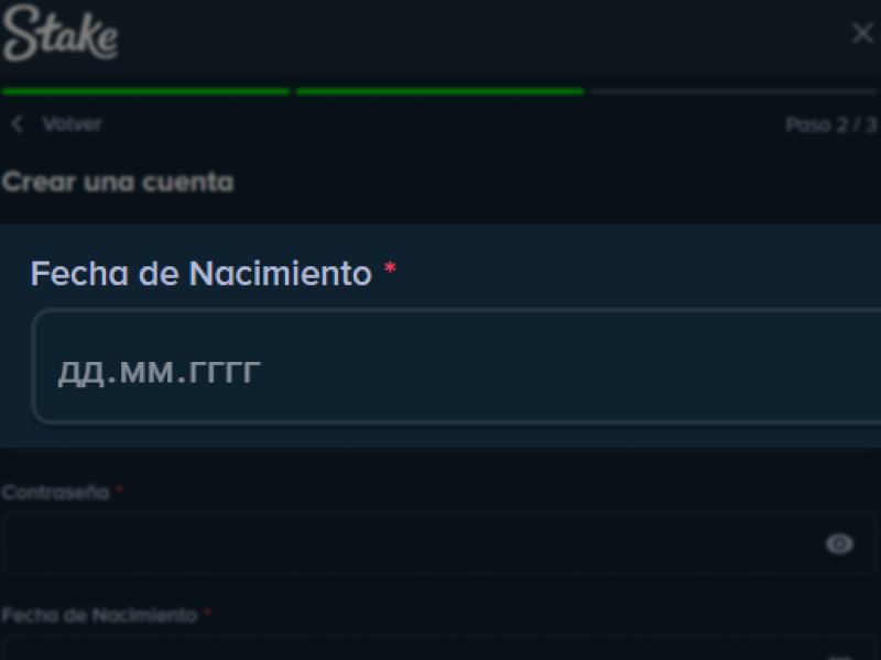 Campo “Fecha de Nacimiento” en Stake con formato DD.MM.AAAA.