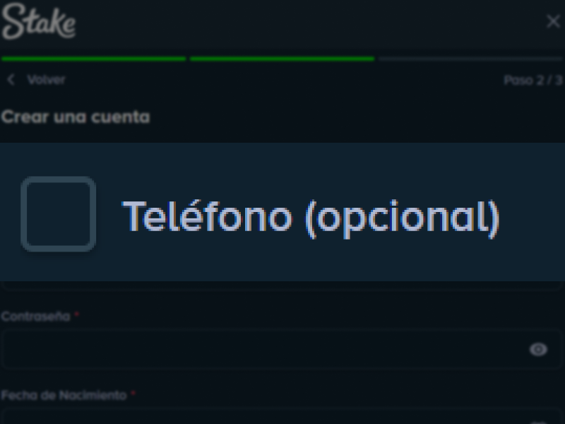 Opción “Teléfono (opcional)” en Stake para añadir un número de contacto.