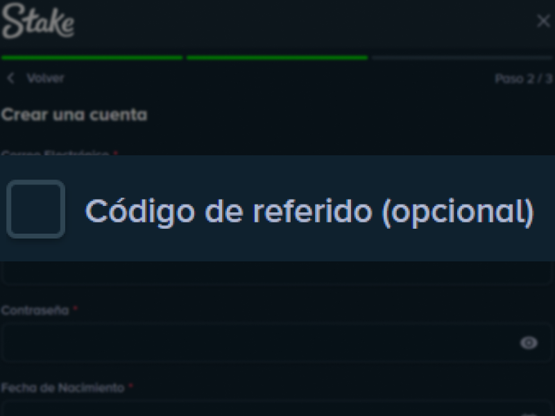 Opción “Código de referido (opcional)” en Stake para ingresar un código de invitación.