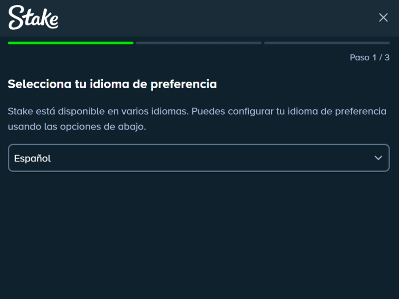 Ventana de Stake para seleccionar el idioma de preferencia antes de crear la cuenta.
