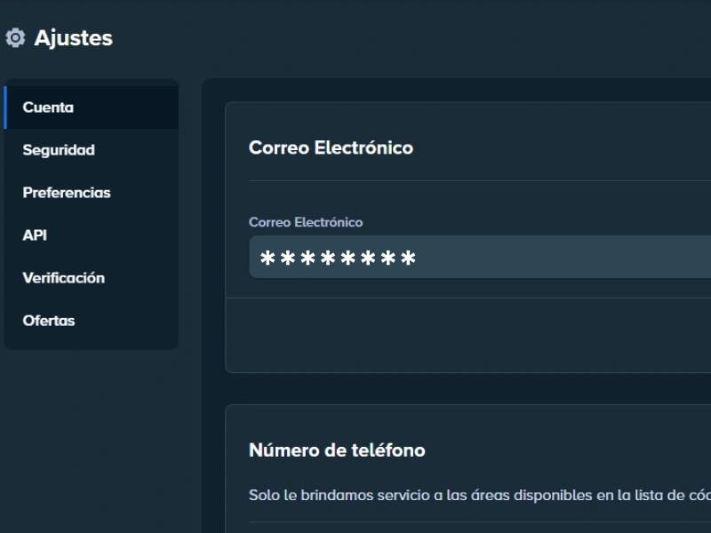 Sección “Ajustes” en Stake: datos de cuenta con “Correo Electrónico”.