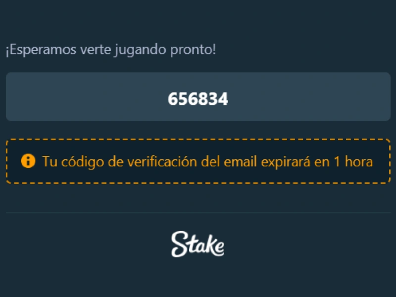 Código de verificación de Stake por email: ejemplo “656834” con aviso de expiración.