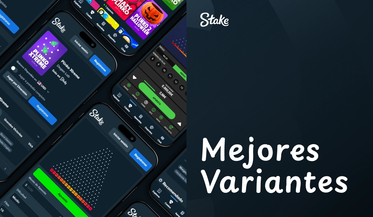 Pantallas con gráficos y juegos en interfaz oscura de Stake casino online texto Mejores Variantes
