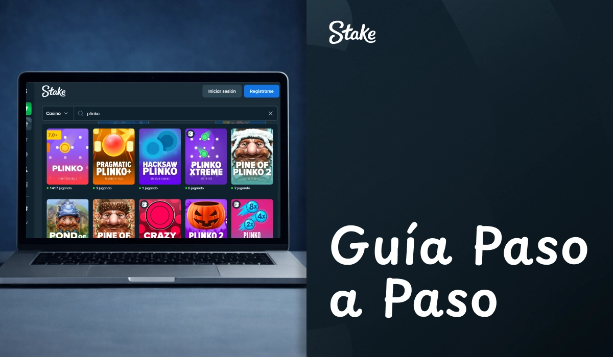 Portátil con catálogo de juegos en pantalla de Stake casino online texto Guia Paso a Paso