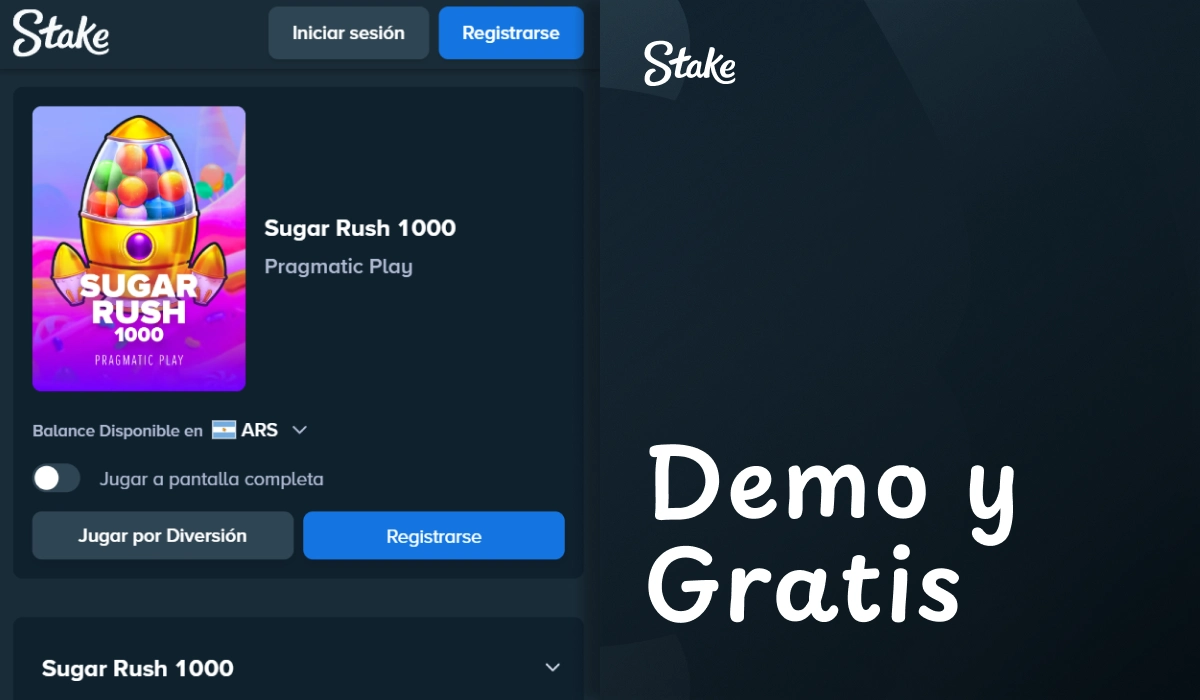 Pantalla de Sugar Rush 1000 con botón Jugar en Demostración en Stake