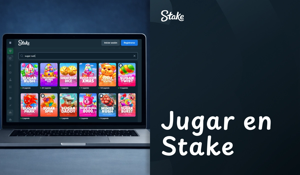 Portátil con catálogo de juegos y texto Jugar en Stake en interfaz oscura