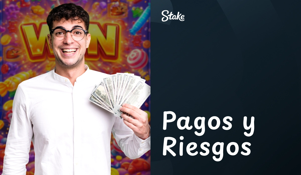 Hombre sonriendo con billetes frente a fondo de juego texto Pagos y Riesgos en Stake