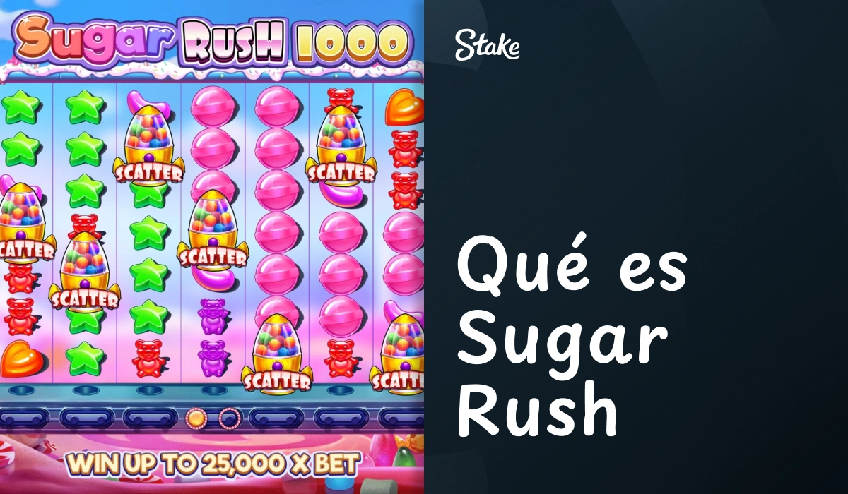 Slot Sugar Rush 1000 con dulces y estrellas texto Qué es Sugar Rush en Stake