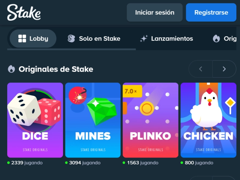 Lobby de Stake (Originales): abrir la sección “Slots/Lobby”.