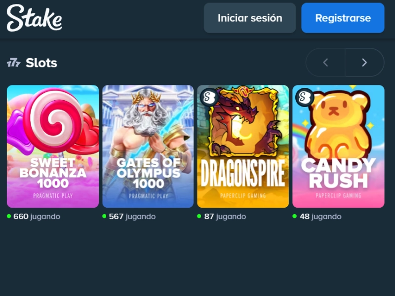 Sección “Slots” en Stake: elegir un slot como Sweet Bonanza.