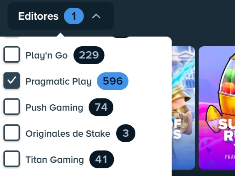 Filtro de proveedores (Editeurs): seleccionar “Pragmatic Play”.