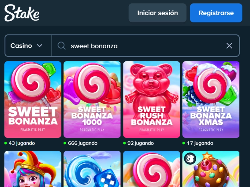 Buscar “sweet bonanza” en Stake: ver la lista de juegos Sweet Bonanza.