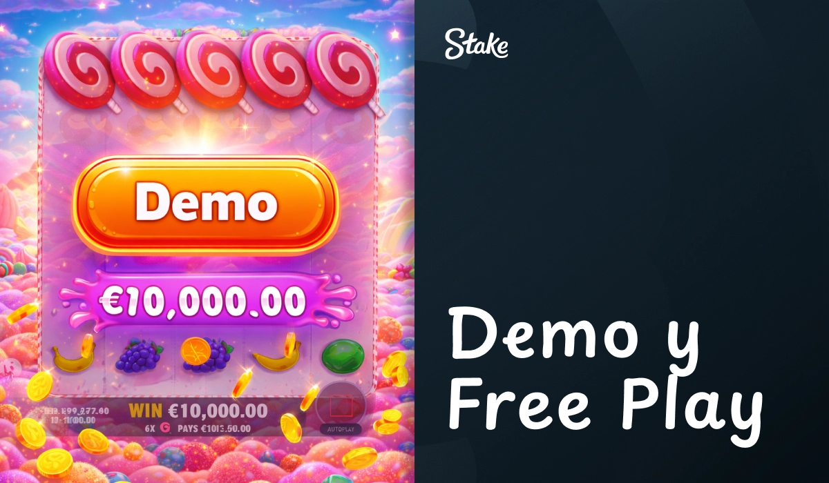 Pantalla demo de Sweet Bonanza con botón Demo y premio 10 000 00 en Stake