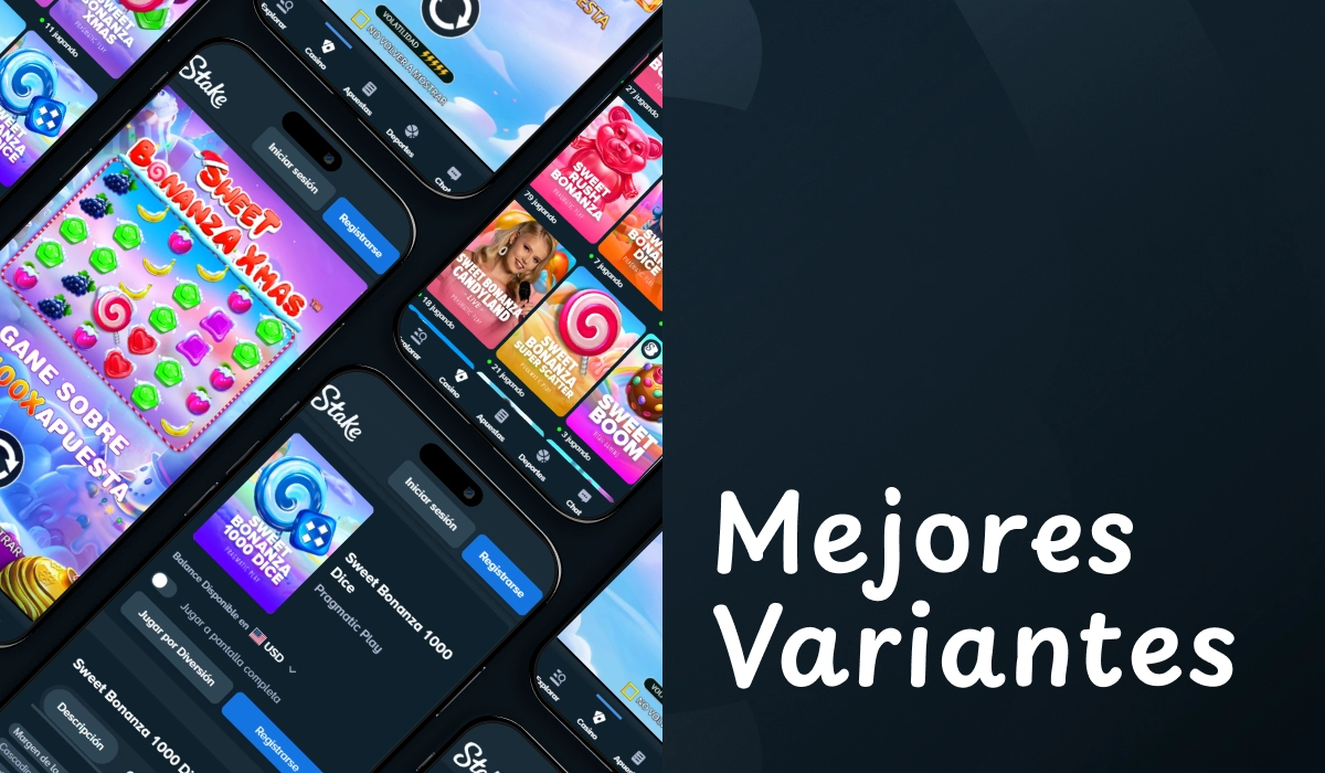 Smartphone mostrando juegos y panel oscuro de Stake texto Mejores Variantes
