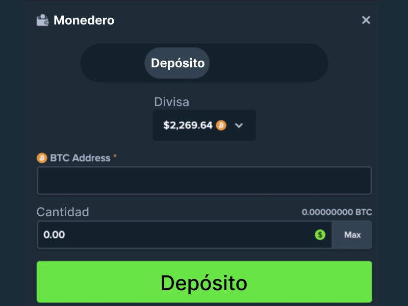 Ventana de depósito en Stake: seleccionar divisa y copiar dirección BTC, botón “Depósito”.