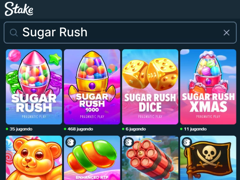 Búsqueda “Sugar Rush” en Stake: resultados de slots mostrados en cuadrícula.